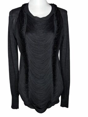 Vera Wang Black Long Sleeve Draped Fringe Top